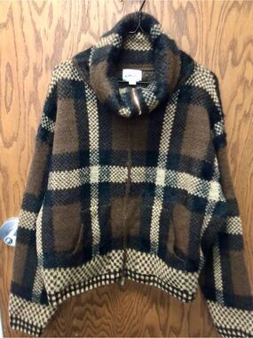 Kove America brown and black plaid zip-up knit sweater high cowl collar 3X NWT